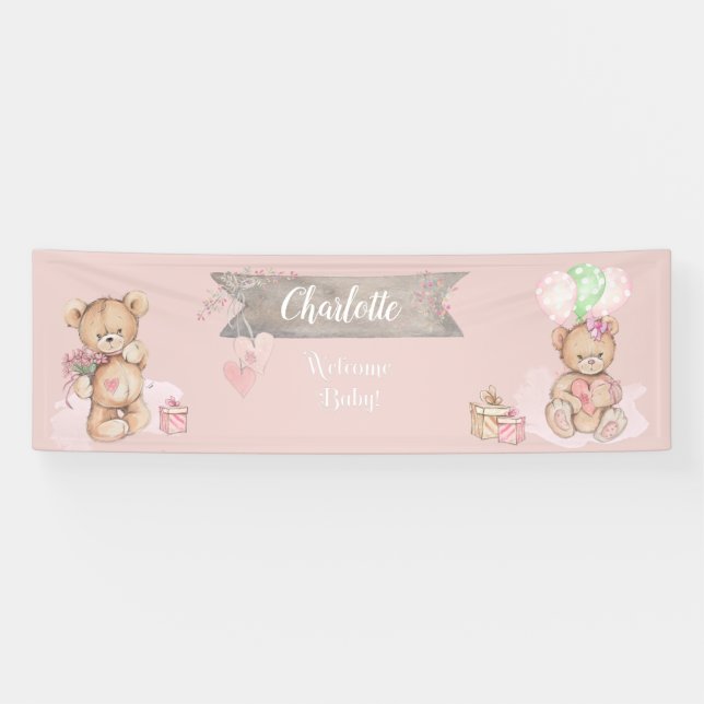 Adorable Watercolor Teddy Bear Baby Dusche Banner (Horizontal)