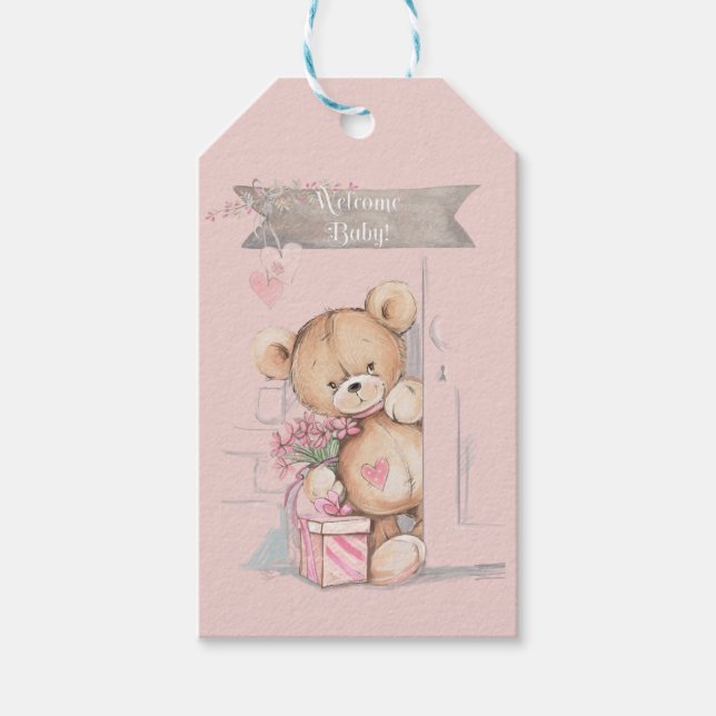 Adorable Watercolor Teddy Bear Baby Dusche Geschenkanhänger (Vorderseite)