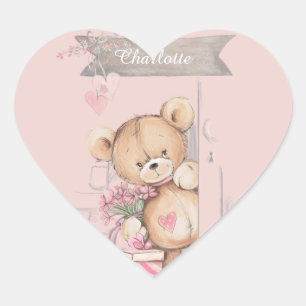 Adorable Watercolor Teddy Bear Baby Dusche Square  Herz-Aufkleber