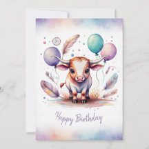 Adorable Watercolor Texas Longhorn Happy Birthday