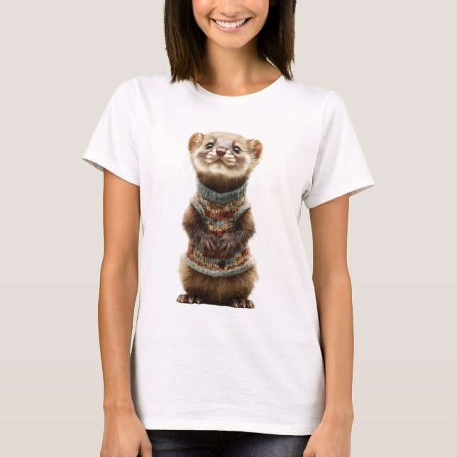 Adorable Weasel wearing a Knitted Sweater T-Shirt (Vorderseite)