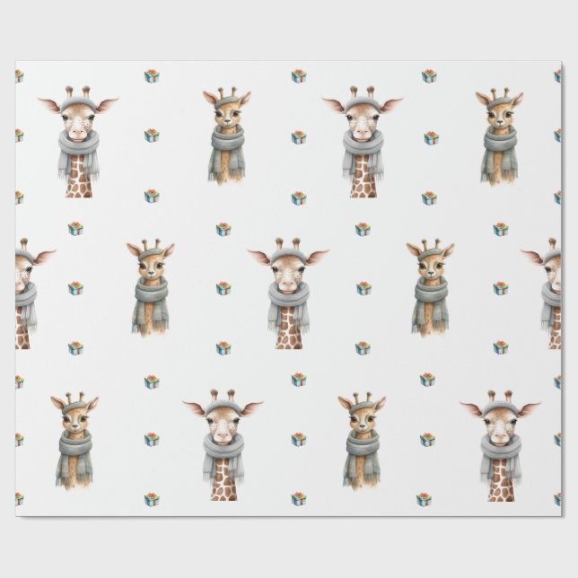 Adorable Weihnachts-Giraffen auf Weiß Geschenkpapier (Flach)