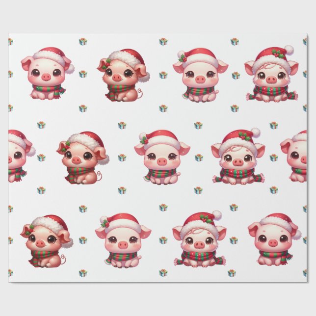 Adorable Weihnachtsferien Kawaii Schweine auf Weiß Geschenkpapier (Flach)