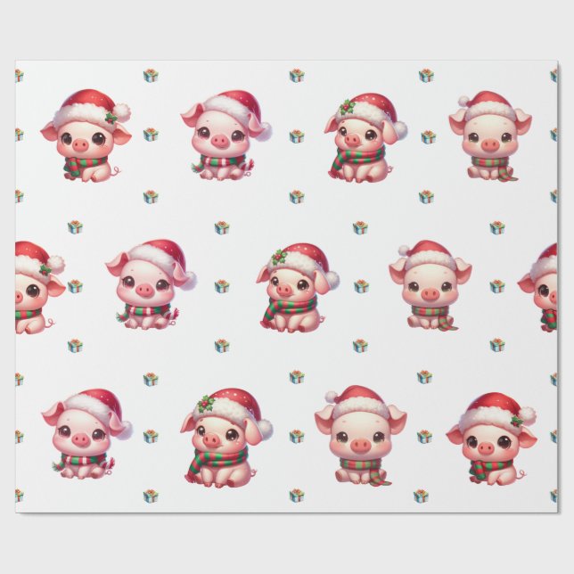 Adorable Weihnachtsferien Kawaii Schweine auf Whit Geschenkpapier (Flach)