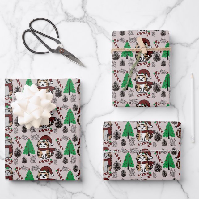 Adorable Weihnachtskatzen mit Bäumen Geschenkpapier Set (Vorderseite)
