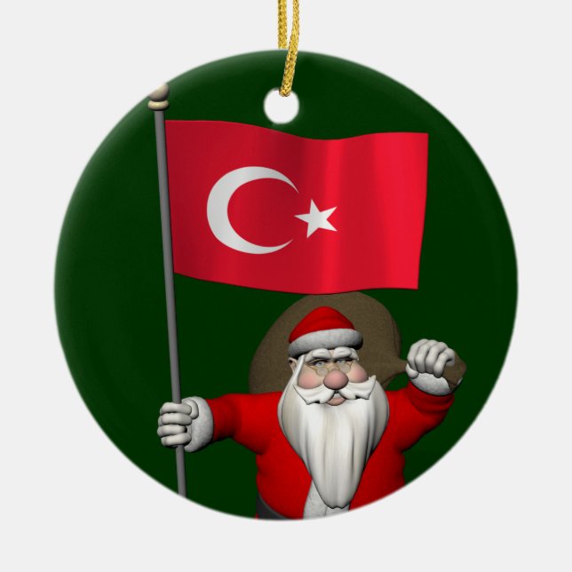 Adorable Weihnachtsmann mit der Flagge der Türkei Keramik Ornament (Vorne)