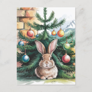 Adorable Weihnachtsrabbit unter dem Baum Postkarte