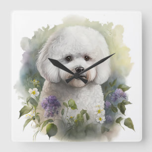 ADORABLE WEISSE BICHON FRISE HUND MIT BLUME QUADRATISCHE WANDUHR