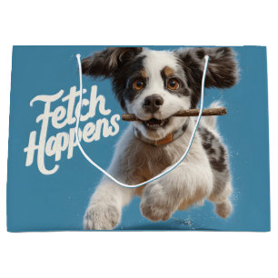 Adorable Welpe Mid-Air-Laufen mit einem Stock Große Geschenktüte