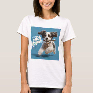 Adorable Welpe Mid-Air-Laufen mit einem Stock T-Shirt