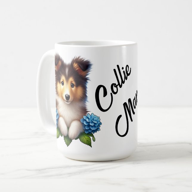 Adorable Welpe mit Blue Flowers Collie Mama Kaffeetasse (Vorderseite Links)