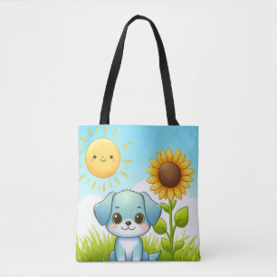 Adorable Welpe mit Sonnenblume und Lächelnde Sonne