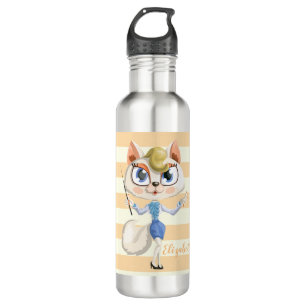 Adorable Whimsical Cat on Stripes Personalisiert Edelstahlflasche