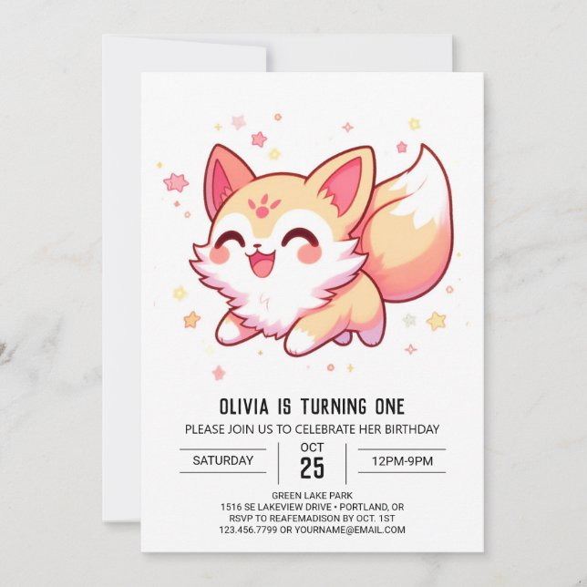 Adorable Whimsical Fox 1. Geburtstag Einladung (Vorderseite)