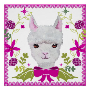 Adorable White Baby Llama Gesicht Fuchsia Pink Grü Poster
