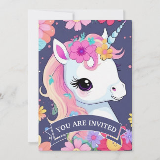 Adorable White Baby Unicoron mit Blume Einladung