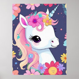 Adorable White Baby Unicoron mit Blume Poster