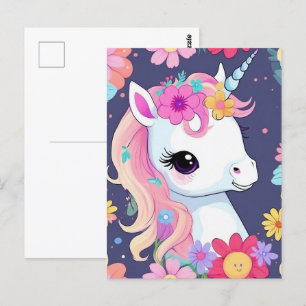 Adorable White Baby Unicoron mit Blume Postkarte