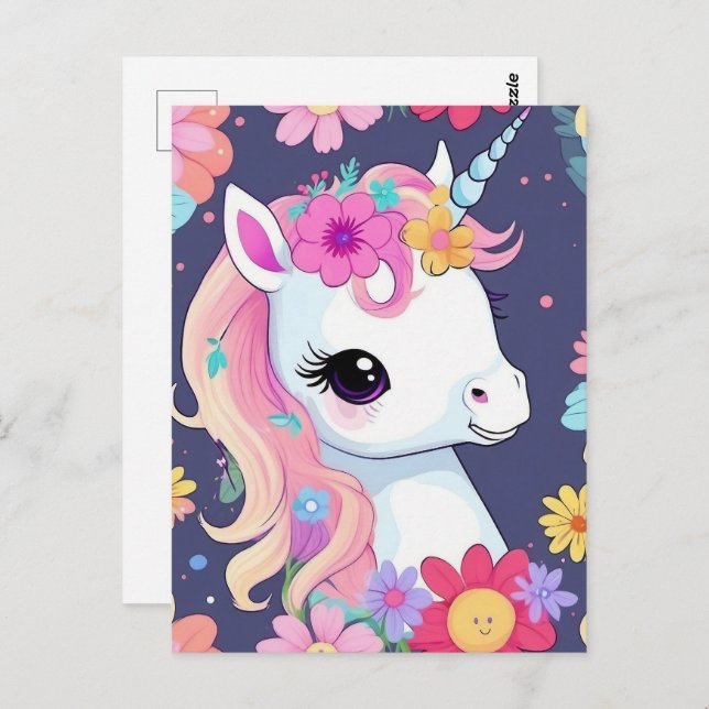 Adorable White Baby Unicoron mit Blume Postkarte (Vorne/Hinten)