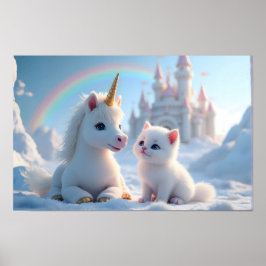 Adorable White Kitten und Baby Unicorn Poster