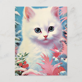 Adorable White Kitten Weihnachts Postcard - Perfek Feiertagspostkarte
