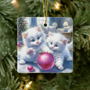 Adorable White Kittens Pink Weihnachten Personalis Keramikornament