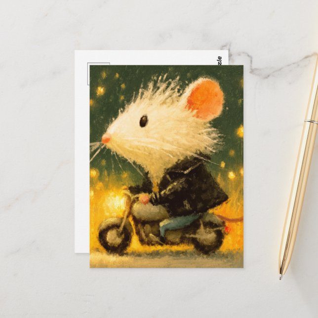 Adorable White Mouse Reiten auf einem Motorrad Postkarte (Vorderseite/Rückseite Beispiel)