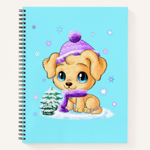 Adorable Winter Puppy Dog Art Turquoise Notebook Notizbuch