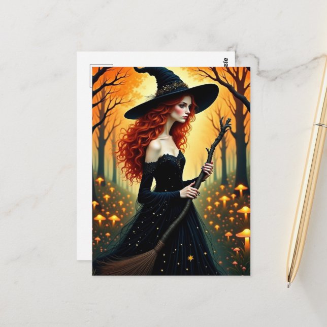 Adorable Witch in Autumn Forest Postkarte (Vorderseite/Rückseite Beispiel)