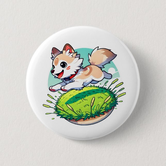 Adorable Wolfenkuchen springen durch ein Feld Button (Vorderseite)