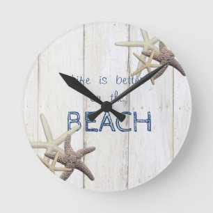 Adorable Wood Texture,Starfish,Beach   Runde Wanduhr