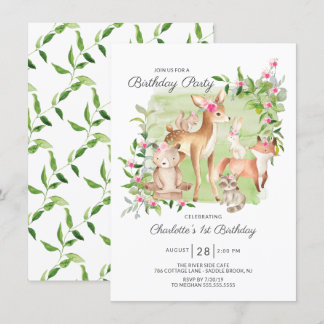 Adorable Woodland Friends Girls 1. Geburtstag Einladung