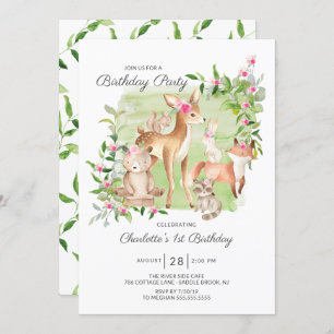 Adorable Woodland Friends Girls 1. Geburtstag Einladung