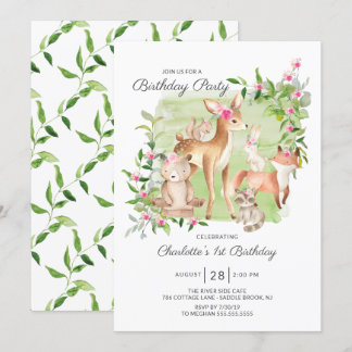 Adorable Woodland Friends Girls 1. Geburtstag Einladung