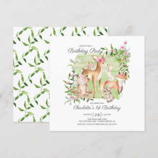 Adorable Woodland Friends Girls 1. Geburtstag Einladung