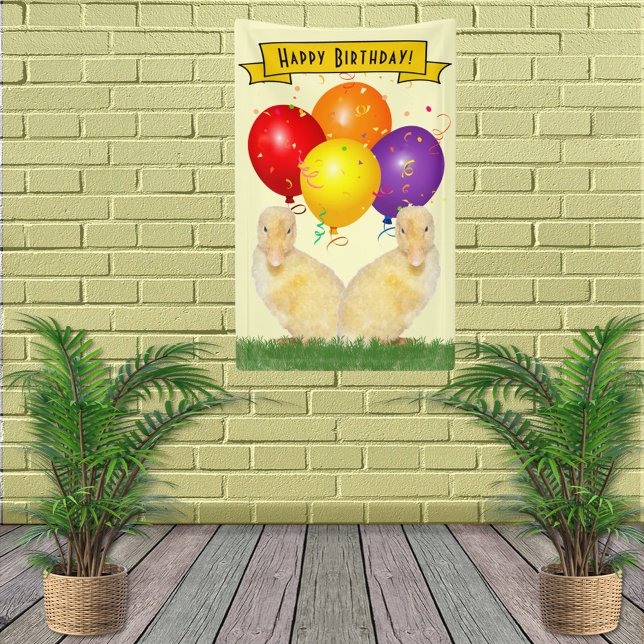 Adorable Yellow Ducklings Happy Birthday Balloons Banner (Here's a cute party banner with the Happy Birthday message featuring ducklings & balloons.)