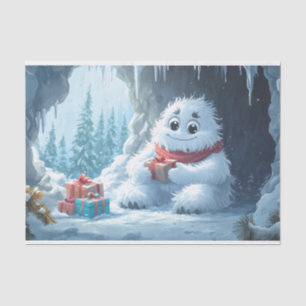 Adorable Yeti mit Weihnachtsgeschenken in einer Hö Seidenpapier
