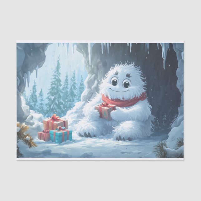 Adorable Yeti mit Weihnachtsgeschenken in einer Hö Seidenpapier (Vorderseite)