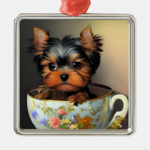 Adorable Yorkie in einem Teacup Ornament Aus Metall