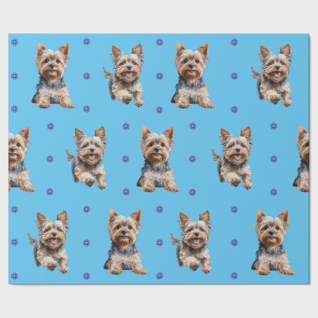 Adorable Yorkshire Terrier Weihnachten auf Blue Geschenkpapier (Saum)