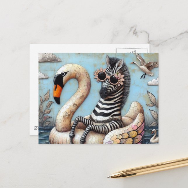 Adorable Zebra auf einem aufblasbaren Schwan Postkarte (Vorderseite/Rückseite Beispiel)