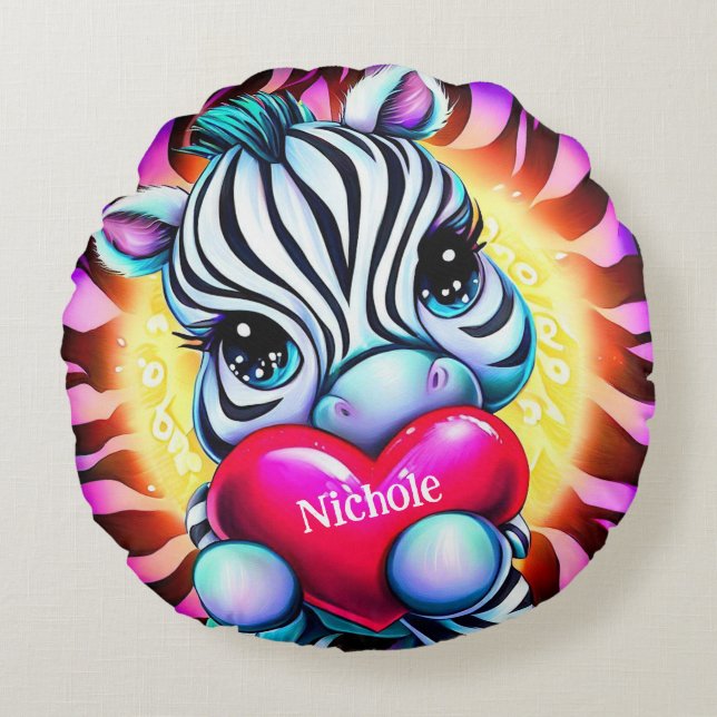 Adorable Zebra Holding Herz Rundes Kissen (Vorderseite)