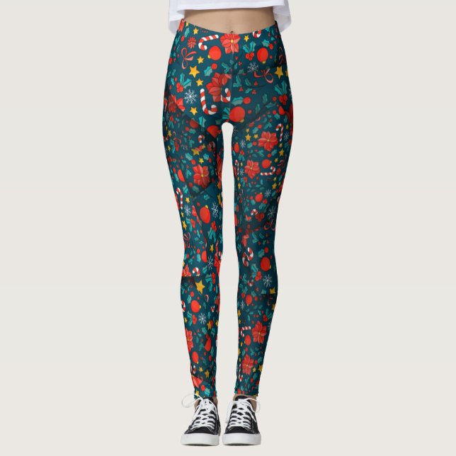 Adorables Christmas Poinsettias & Candy [3D] Yoga Leggings (Vorderseite)