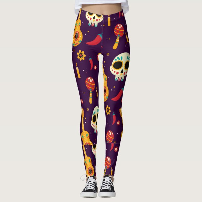 Adorables Day of the Dead Calavara Style Yoga Leg Leggings (Vorderseite)