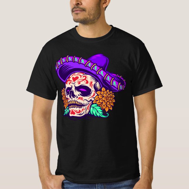 Adorables Day of the Dead Skull with Lila Hat T-Shirt (Vorderseite)