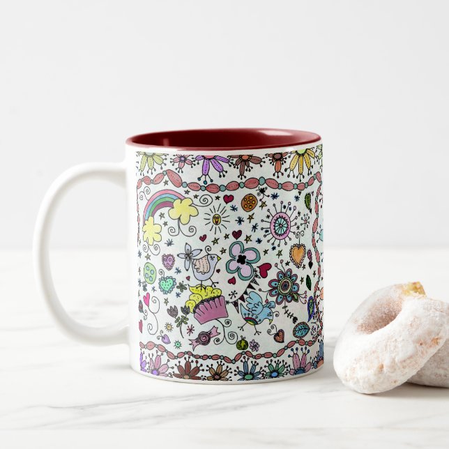 Adorables Happy Happy Joy Doodles Zweifarbige Tasse (Mit Donut)