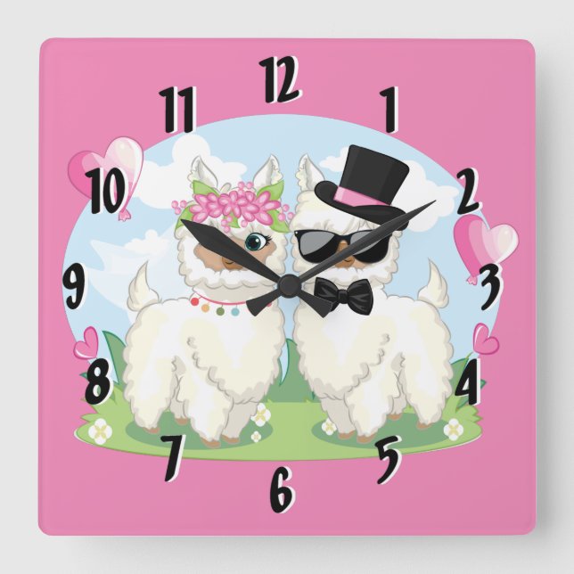 Adorables Llama Liebe Niedlich Llama Couple Pink Quadratische Wanduhr (Vorderseite)