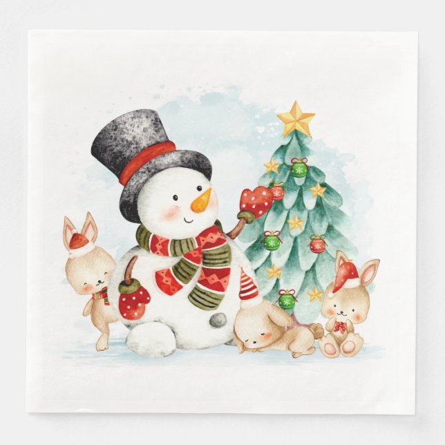 Adorables Weihnachten Schneemann Bunnies und Baum Serviette (Vorderseite)