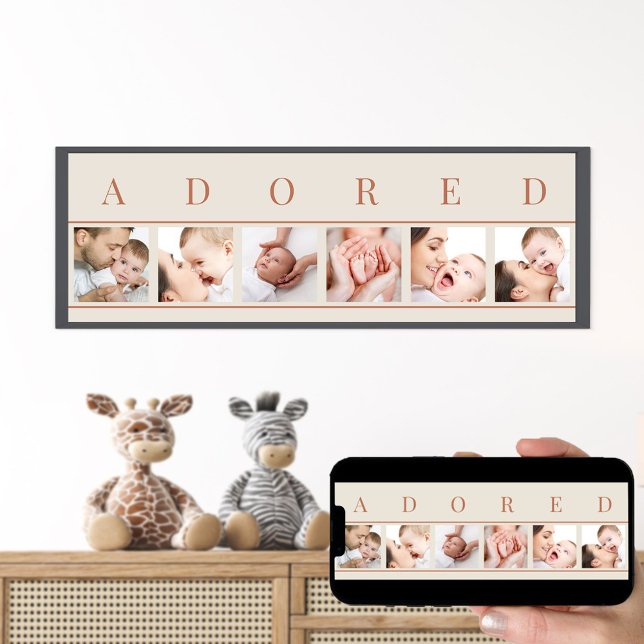 ADORED Foto Collage Clay Natural 6 Baby Picture Poster (Adored new baby photo collage for the nursery, living room, grandparent gifts ..)