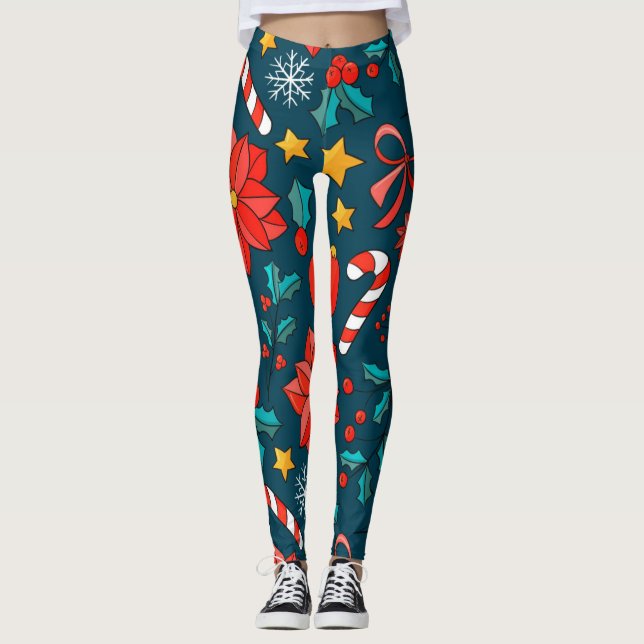 Adorieren Weihnachts-Candy Canes und Poinsettias Leggings (Vorderseite)